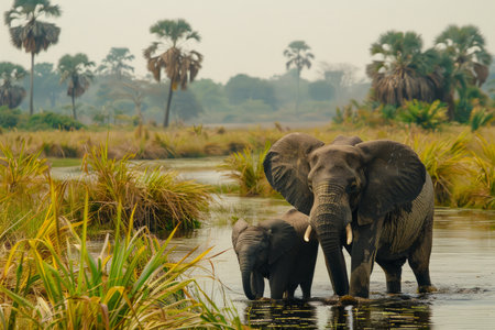 African Elephant Mother with Calf Drinking at Waterhole in Serene Savanna Landscape with Palm Trees AI Generativeの素材