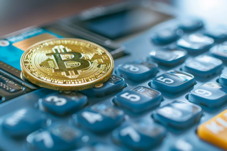 Close up of Golden Bitcoin Coin on Calculator with Credit Cards in the Background Symbolizing Cryptocurrency Finance AI Generativeの素材
