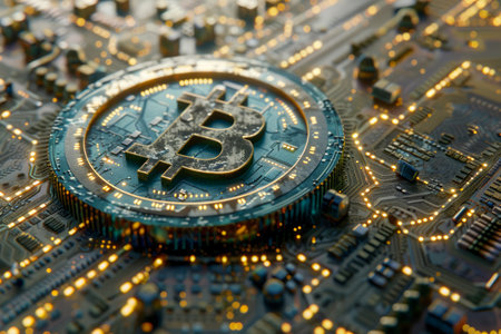 Shiny Bitcoin on Circuit Board Background Illustrating Cryptocurrency Technology and Digital Finance Concept AI Generativeの素材