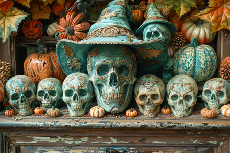 Vintage Halloween Decor with Carved Pumpkins, Witches Hats, and Turquoise Skulls on Rustic Wooden Shelf AI Generativeの素材