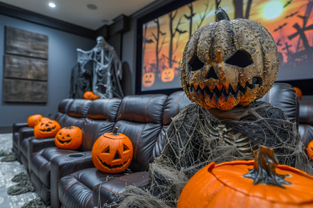 Spooky Halloween Decorations with Pumpkins, Scarecrow, and Witch in a Festive Home Theater Setting AI Generativeの素材