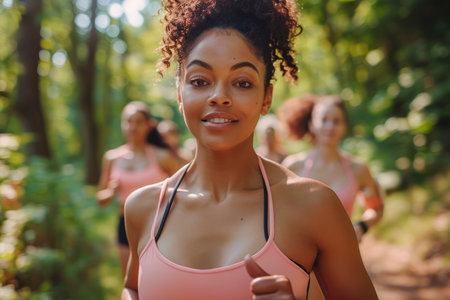Group of Diverse Women Enjoying a Healthy Outdoor Run in a Lush Forest Setting, Exercising Together in Nature, Friendship and Fitness Lifestyle AI Generativeの素材