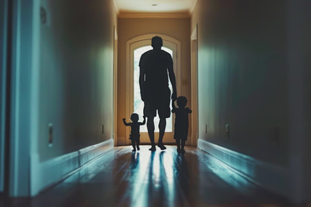 Silhouette of Father Holding Hands with Two Children in a Dark Hallway at Home, Family Bonding Concept AI Generativeの素材