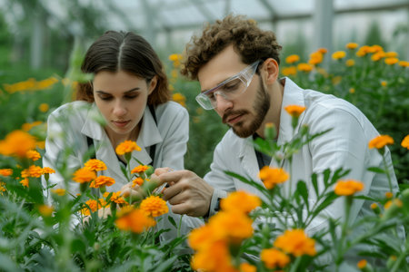 Two Professional Botanists Examining and Discussing Plants in a Greenhouse Environment AI Generativeの素材