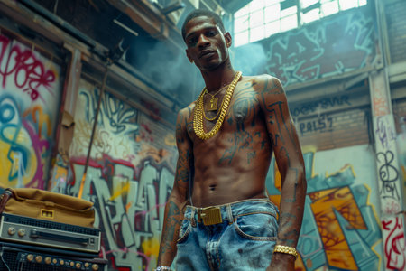 Confident Tattooed Man Posing in Urban Graffiti Environment with Gold Jewelry and Attitude AI Generativeの素材