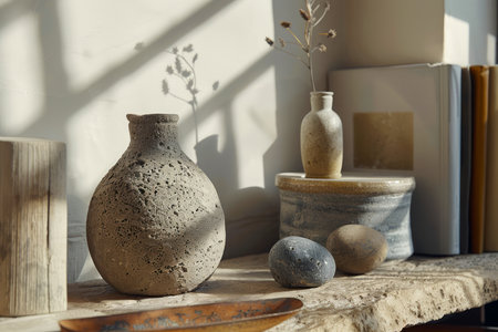Elegant Home Decor Still Life, Artisan Vases and Books in Soft Light, Minimalist Interior Design Aesthetics AI Generativeの素材