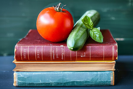 Fresh Tomato and Cucumber on Vintage Books Against a Blackboard Background Healthy Eating and Education Concept AI Generativeの素材