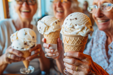 Group of Joyful Senior Women Laughing and Enjoying Ice Cream Cones Together AI Generativeの素材