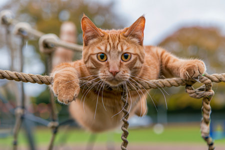 Domestic Ginger Tabby Cat Playing and Hanging from Rope in Playground Environment with Focused Eyes AI Generativeの素材