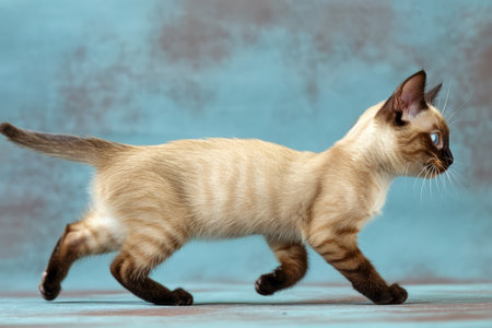Young Siamese Cat Walking Elegantly with Blue Background, Purebred Short Haired Kitty in Profile View, Domestic Animal Portrait, Elegant Feline in Studio Lighting, Pet Photography AI Generativeの素材