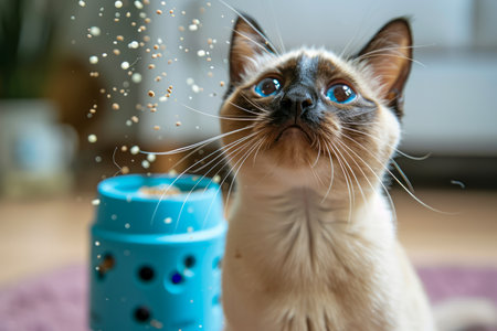 Adorable Siamese Cat with Striking Blue Eyes Mesmerized by Falling Treats from a Blue Container Indoors AI Generativeの素材
