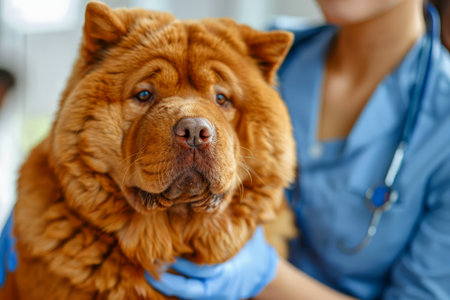 Close up of Fluffy Chow Chow Dog with Owner Purebred, Pet Care, Veterinary Concept, Canine Companion Indoors AI Generativeの素材
