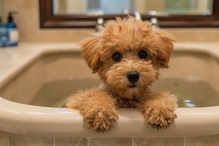 Adorable Fluffy Puppy Ready for Bath Time in a Shiny Porcelain Sink at a Cozy Home Bathroom AI Generativeの素材