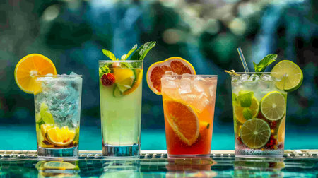 Assorted Refreshing Cocktails by Poolside with Citrus Garnish on Sunny Day Variety of Drinks on Outdoor Bar Counter AI Generativeの素材