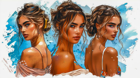 Fashionable Artistic Portraits of a Young Woman with Various Expressive Poses Against a Splattered Blue Background AI Generativeの素材