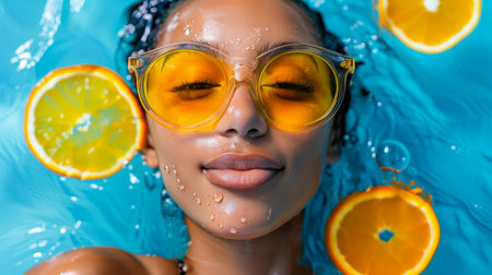 Refreshing Summer Vibes Young Woman with Citrus Sunglasses in Sparkling Water Background AI Generativeの素材