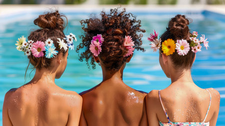 Three Young Women with Floral Hairstyles Enjoying Summer by the Poolside, Friendship and Leisure Concept AI Generativeの素材