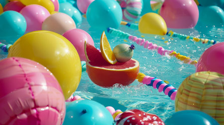 Vibrant Summer Pool Party Scene with Colorful Inflatable Toys and Rubber Duck in Water AI Generativeの素材