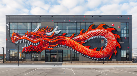Vibrant Red Dragon Mural Art on Modern Building Facade Against Cloudy Sky in Urban Landscape AI Generativeの素材