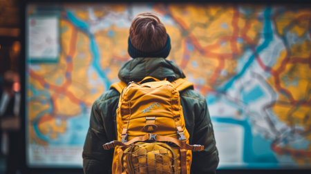 Solo Traveler with Backpack Contemplating Route on City Map at Night Under Street Light AI Generativeの素材