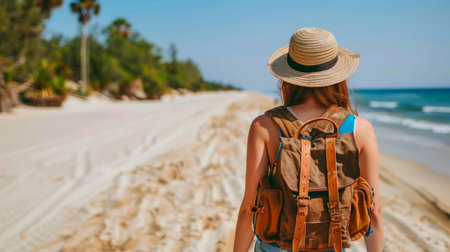 Young Woman with Backpack and Hat Walking Alone on a Sunny Tropical Beach in Summer AI Generativeの素材