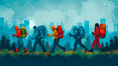 Silhouetted Hikers with Backpacks Trekking in Wilderness at Dusk Against City Skyline Background AI Generativeの素材