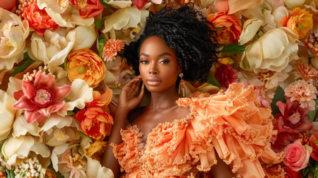 Elegant African American Woman in Orange Ruffled Dress Lying Amongst Vibrant Multicolored Floral Backdrop AI Generativeの素材