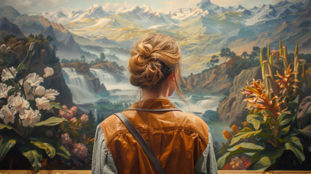 Woman Contemplating Majestic Mountain Landscape Painting in Art Gallery AI Generativeの素材
