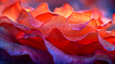 Vibrant Macro Photography of Dew Drops on Red Flower Petals with Blue Bokeh Background Abstract Nature Detail AI Generativeの素材