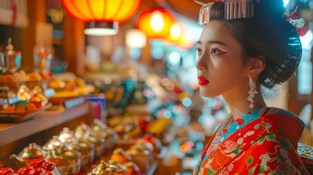 Elegant Woman in Traditional Kimono Contemplates Colorful Lanterns at a Cultural Festival Night Market AI Generativeの素材