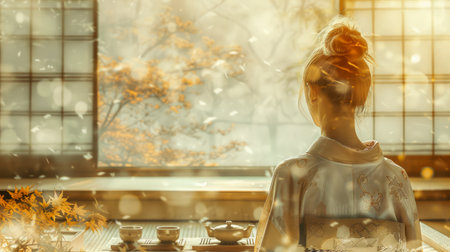 Serene Woman Enjoying a Cozy Autumn Morning in a Warmly Lit Kitchen with Tea and Contemplation AI Generativeの素材