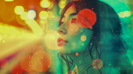 Ethereal Woman in Dreamlike Vivid Colors with Artistic Bokeh Lights Overlay Concept AI Generativeの素材