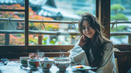 Serene Young Woman Enjoying Traditional Tea Time by Window Overlooking Autumn Scenery AI Generativeの素材