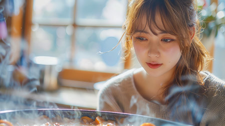 Young Woman Cooking in Sunlit Kitchen Enjoying Home Life with Healthy Food Preparation AI Generativeの素材