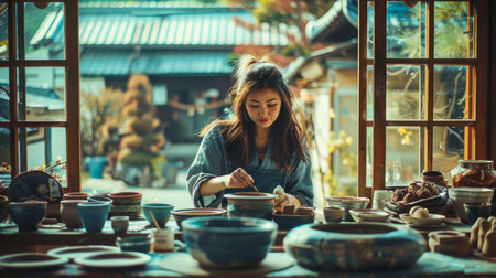 Young Female Potter Crafting Ceramic Bowl on Potter's Wheel in Traditional Workshop Atmosphere AI Generativeの素材