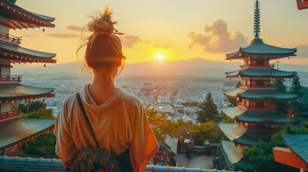 Woman in Traditional Kimono Enjoying Sunset View at Famous Japanese Pagoda Overlooking Cityscape AI Generativeの素材