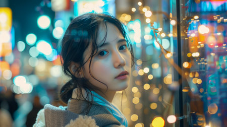 Young Woman Gazing Thoughtfully Through Store Window on Bustling City Street at Night with Neon Lights Reflecting AI Generativeの素材