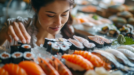Young Woman Enjoying an Assortment of Fresh Sushi and Sashimi at a Japanese Restaurant AI Generativeの素材