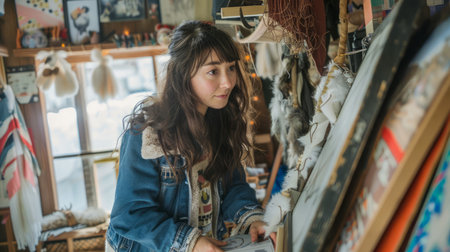 Young Woman Browsing through Artistic Items in Quaint Vintage Shop AI Generativeの素材