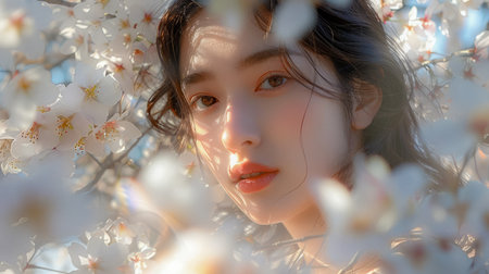 Serene Woman Surrounded by Blooming Cherry Blossoms in Sunlit Springtime Scene, Portrait of Female Against Floral Background with Soft Bokeh AI Generativeの素材