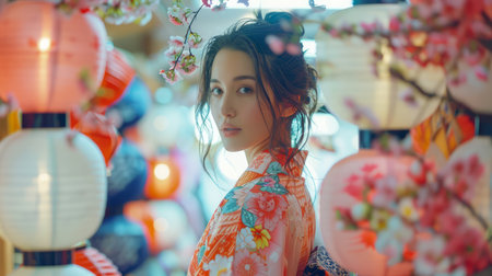 Serene Young Woman in Traditional Kimono Standing Amidst Illuminated Lanterns and Cherry Blossoms AI Generativeの素材