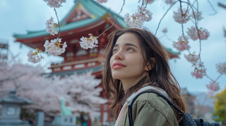 Young Woman Enjoying Cherry Blossoms in Front of Traditional Japanese Temple in Springtime AI Generativeの素材