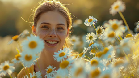 Joyful Young Woman Enjoying Nature Among Daisy Flowers at Golden Hour AI Generativeの素材