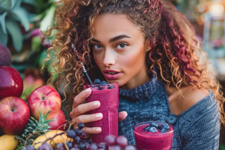 Beautiful Young Woman Enjoying Fresh Berry Smoothie at a Fruit Market, Seasonal Healthy Eating Lifestyle Concept AI Generativeの素材