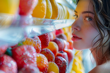 Young Woman Eyeing Fresh Fruit Assortment, Colorful Healthy Eating Concept, Vivid Food Selection AI Generativeの素材