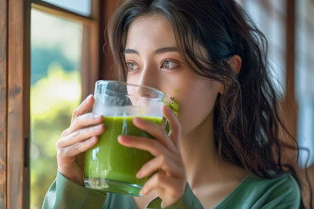 Young Woman Enjoying Fresh Green Juice for Healthy Lifestyle near Window, Morning Wellness Routine AI Generativeの素材