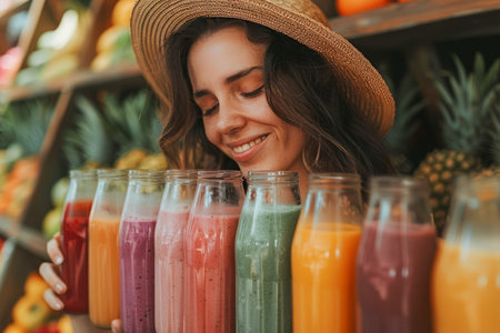 Young Woman in Straw Hat Enjoying Various Fresh Fruit Juices at a Local Farmer&#39;s Market Stall AI Generativeの素材