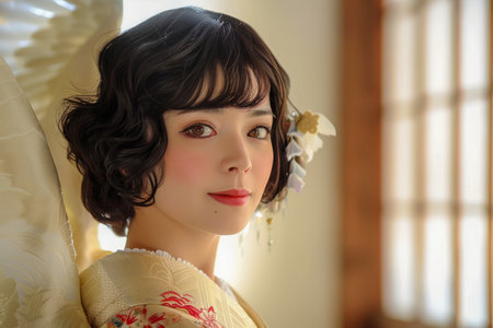 Elegant Young Woman in Traditional Japanese Kimono with Delicate Flower Accessory Posing by Sunlit Window AI Generativeの素材
