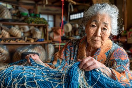 Elderly Woman Handcrafting a Traditional Fishing Net in Rustic Workshop Setting AI Generativeの素材