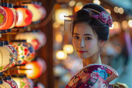 Elegant Woman in Traditional Kimono Gazing Thoughtfully Amidst Illuminated Lanterns at Night AI Generativeの素材